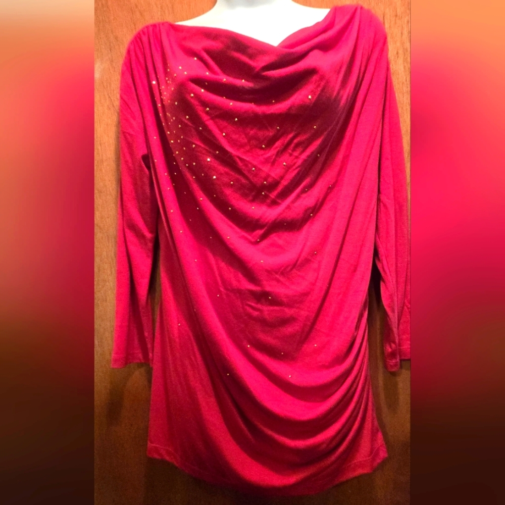 Avon Red Rusched Drape Blouse with Gold Accents SzL NWOT - Picture 1 of 9